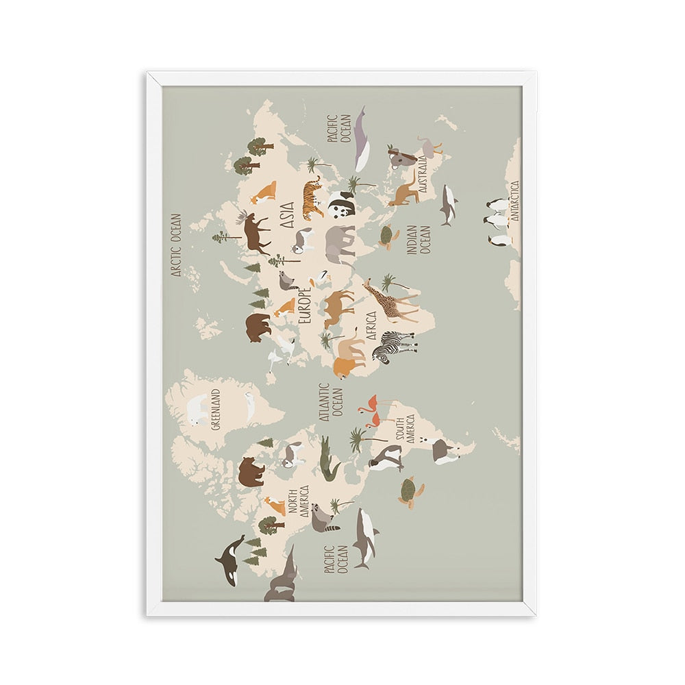 Animal World Map Nursery Wall Art Canvas