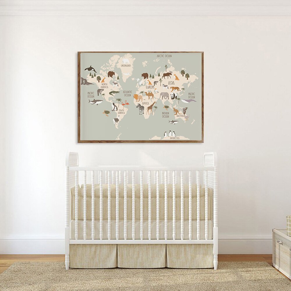 Animal World Map Nursery Wall Art Canvas