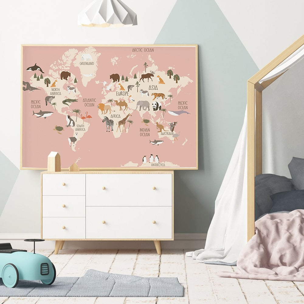 Animal World Map Nursery Wall Art Canvas