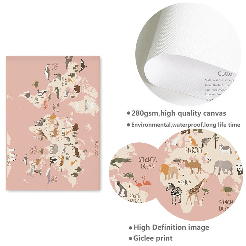 Animal World Map Nursery Wall Art Canvas