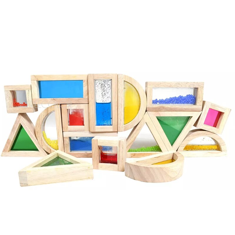 Wooden Large Building Blocks 8 Pcs Geometry Sensory Rainbow Construction Stacking Blocks