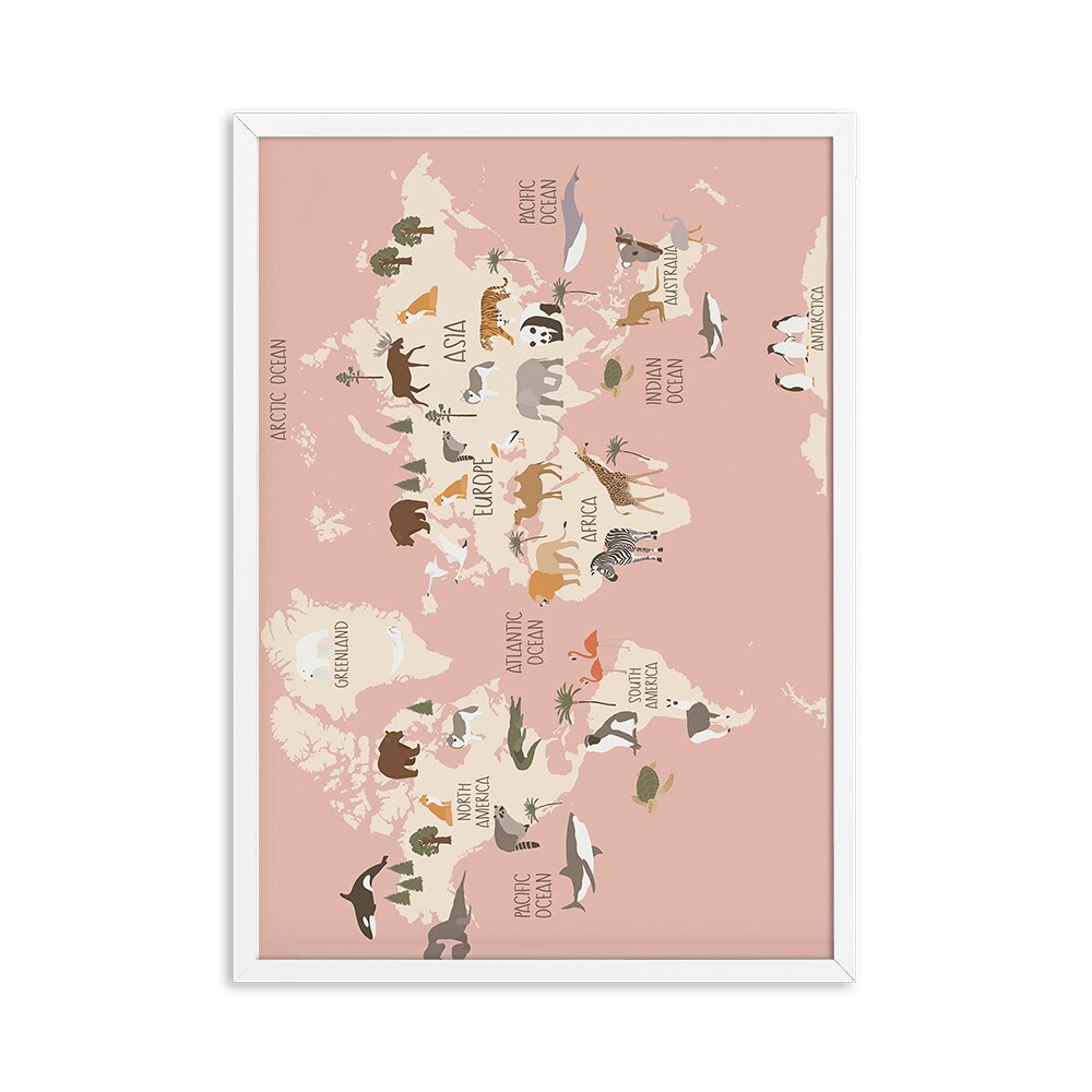 Animal World Map Nursery Wall Art Canvas