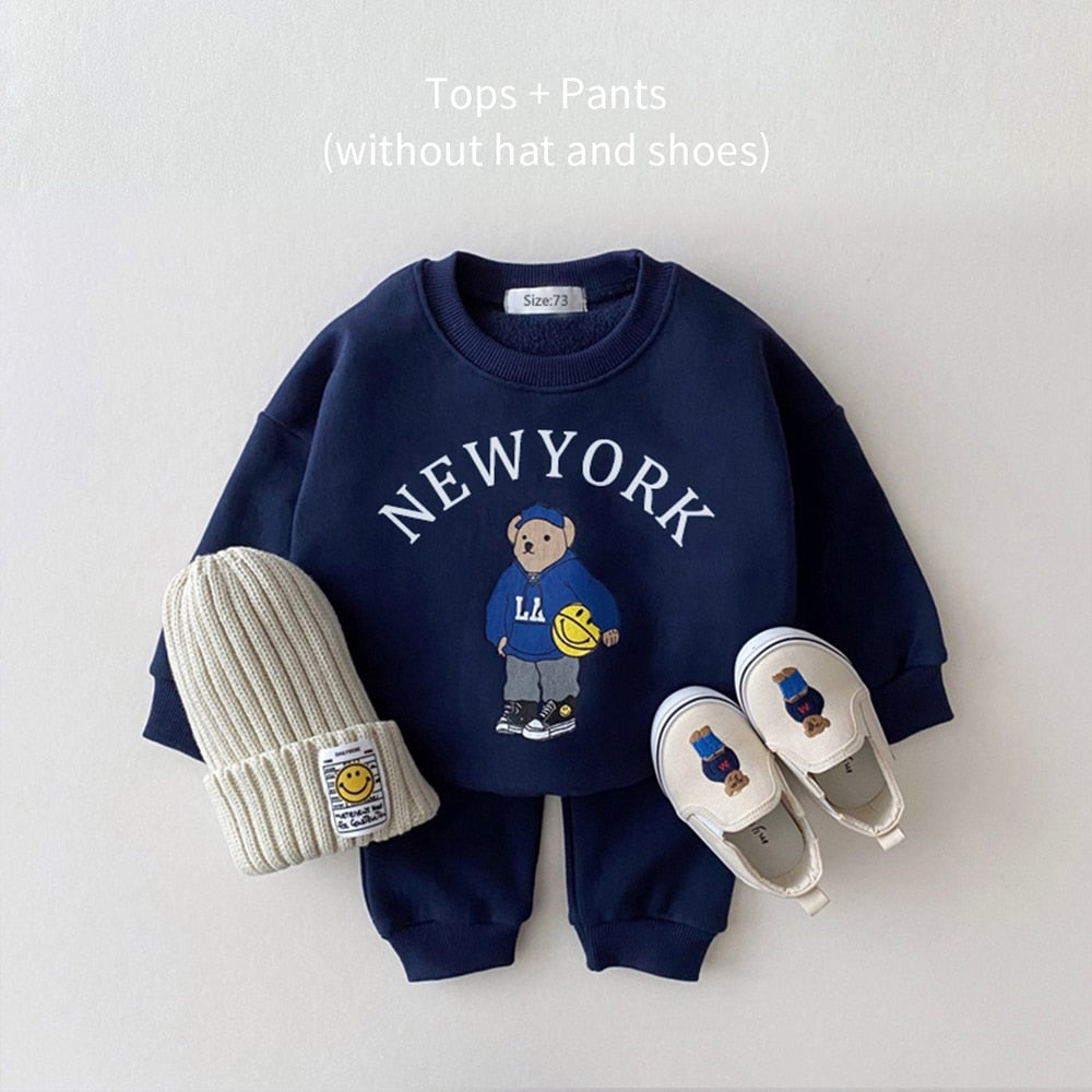 Unisex Clothing Sets USA Themed Bear Pullover Sweatshirts + Simple Solid Cotton Sports Pants 2pc