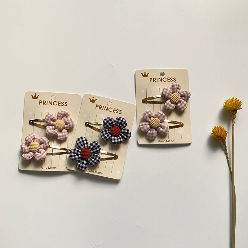 2Pcs/Set Baby Hairclip Plaid Flower