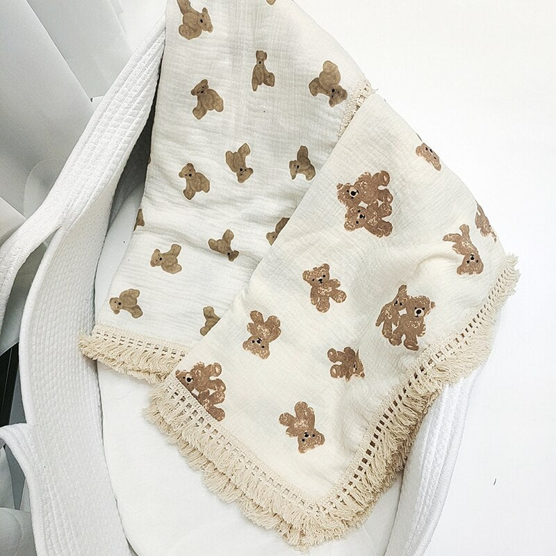 Newborn Organic Cotton Blanket Cartoon Bear Print with Tassel