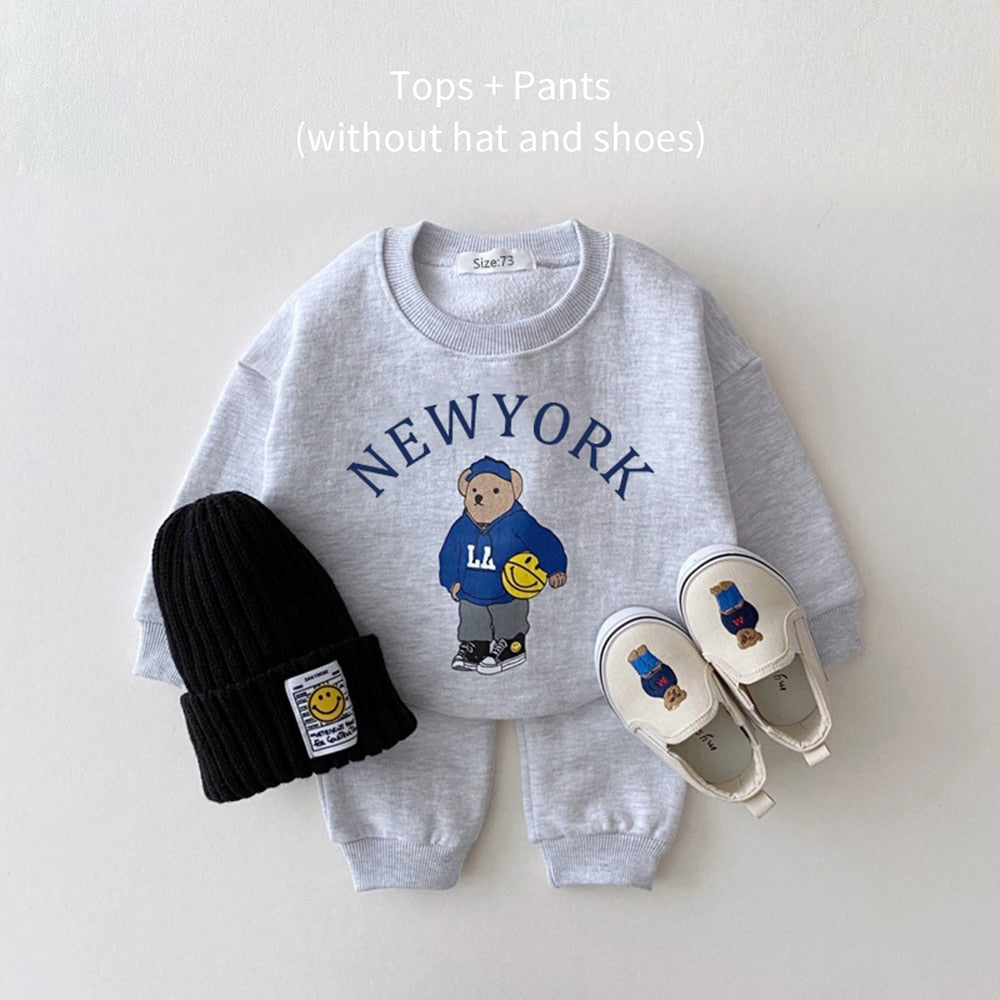 Unisex Clothing Sets USA Themed Bear Pullover Sweatshirts + Simple Solid Cotton Sports Pants 2pc