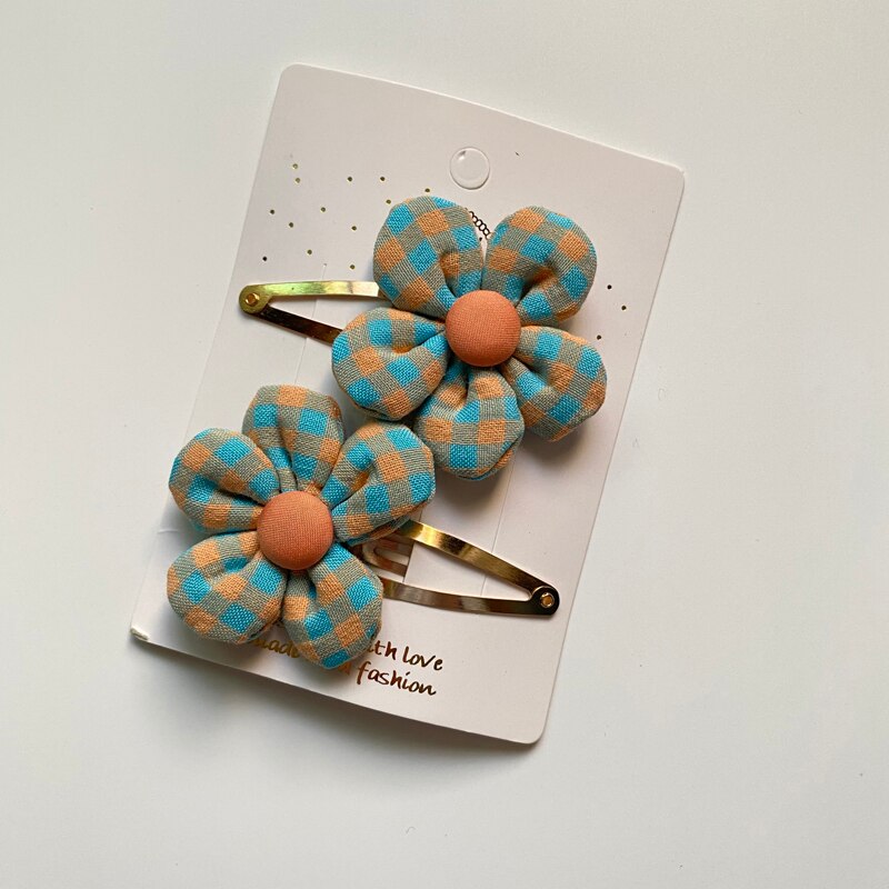 2Pcs/Set Baby Hairclip Plaid Flower