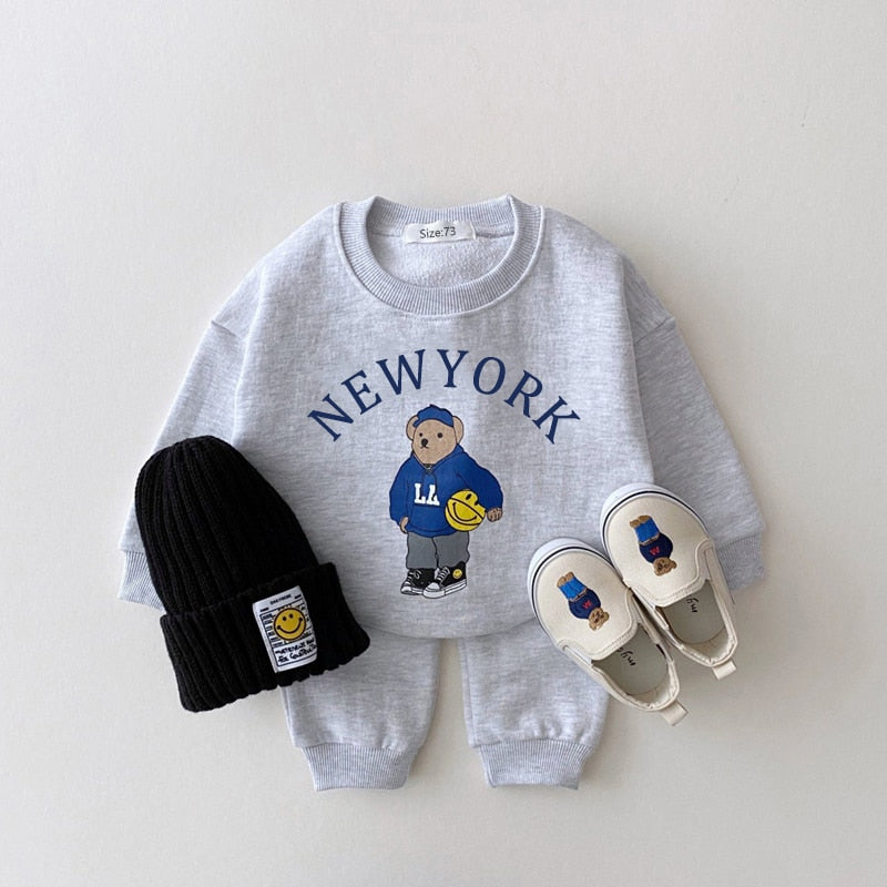 Unisex Clothing Sets USA Themed Bear Pullover Sweatshirts + Simple Solid Cotton Sports Pants 2pc