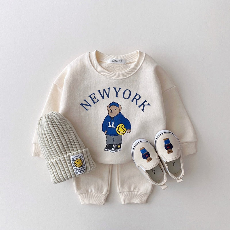 Unisex Clothing Sets USA Themed Bear Pullover Sweatshirts + Simple Solid Cotton Sports Pants 2pc