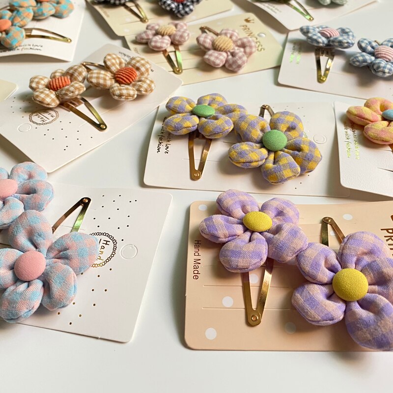 2Pcs/Set Baby Hairclip Plaid Flower