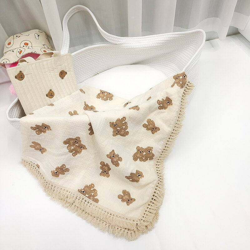 Newborn Organic Cotton Blanket Cartoon Bear Print with Tassel