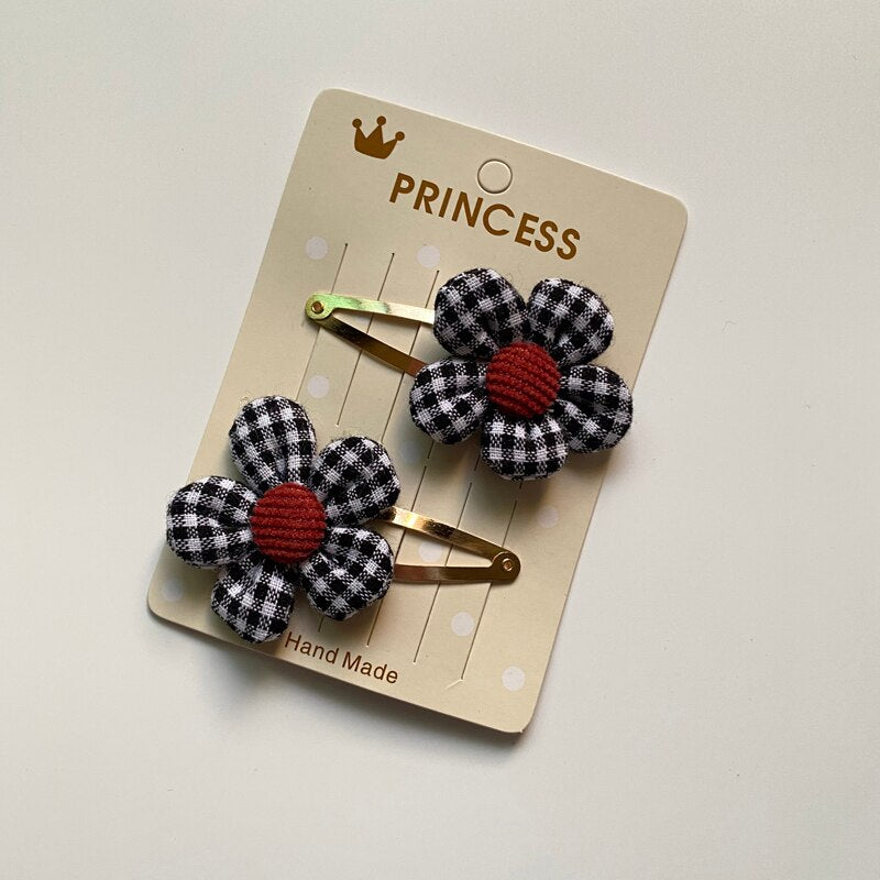 2Pcs/Set Baby Hairclip Plaid Flower