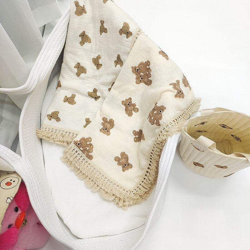 Newborn Organic Cotton Blanket Cartoon Bear Print with Tassel