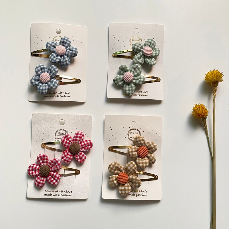 2Pcs/Set Baby Hairclip Plaid Flower