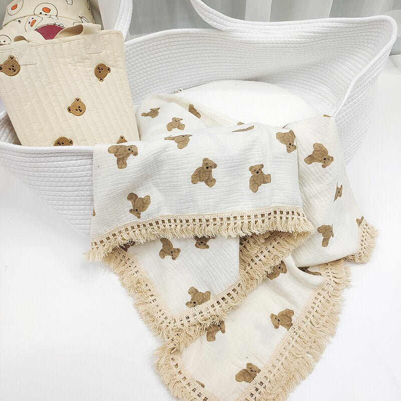Newborn Organic Cotton Blanket Cartoon Bear Print with Tassel
