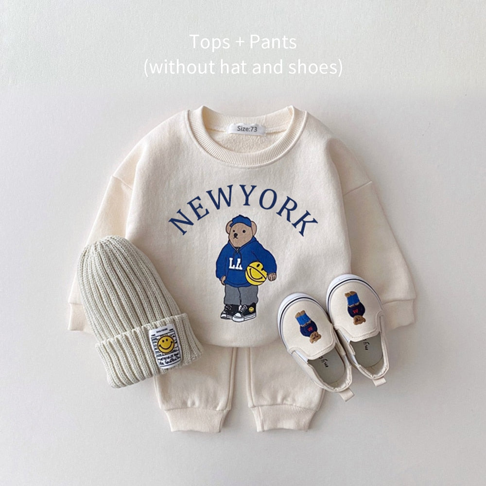 Unisex Clothing Sets USA Themed Bear Pullover Sweatshirts + Simple Solid Cotton Sports Pants 2pc
