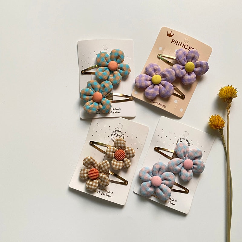 2Pcs/Set Baby Hairclip Plaid Flower