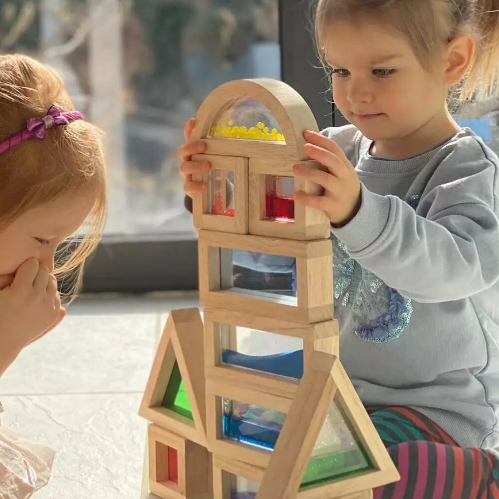 Wooden Large Building Blocks 8 Pcs Geometry Sensory Rainbow Construction Stacking Blocks