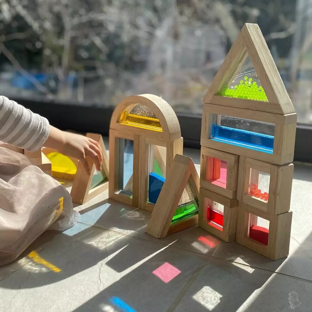 Wooden Large Building Blocks 8 Pcs Geometry Sensory Rainbow Construction Stacking Blocks