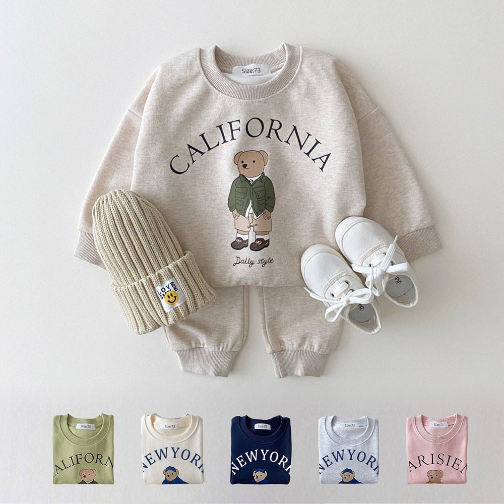 Unisex Clothing Sets USA Themed Bear Pullover Sweatshirts + Simple Solid Cotton Sports Pants 2pc