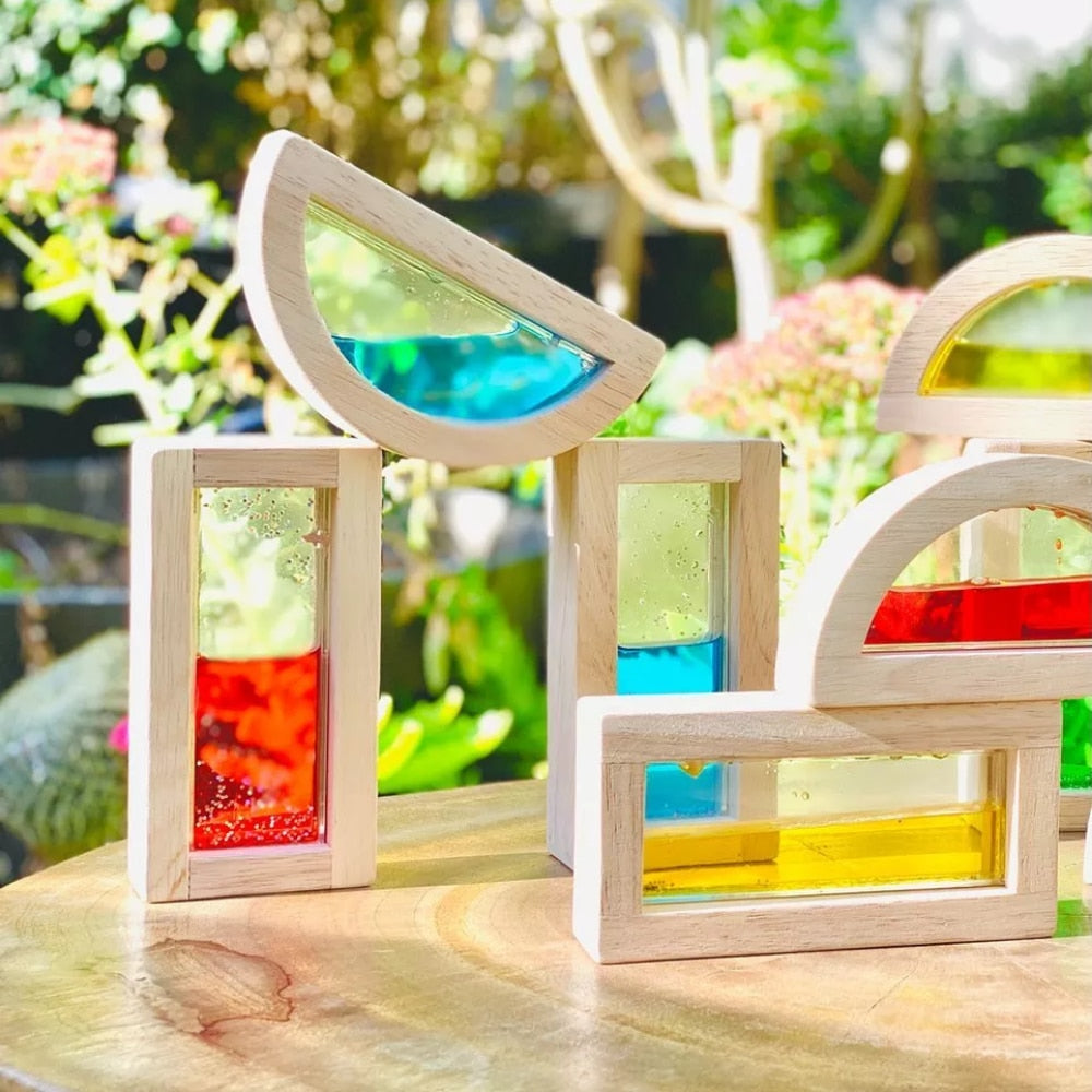 Wooden Large Building Blocks 8 Pcs Geometry Sensory Rainbow Construction Stacking Blocks